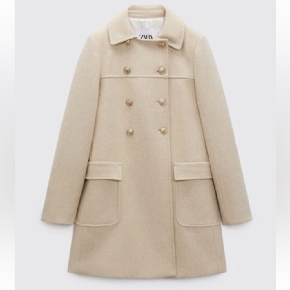 Zara Cream Wool Blend Coat with Gold Buttons